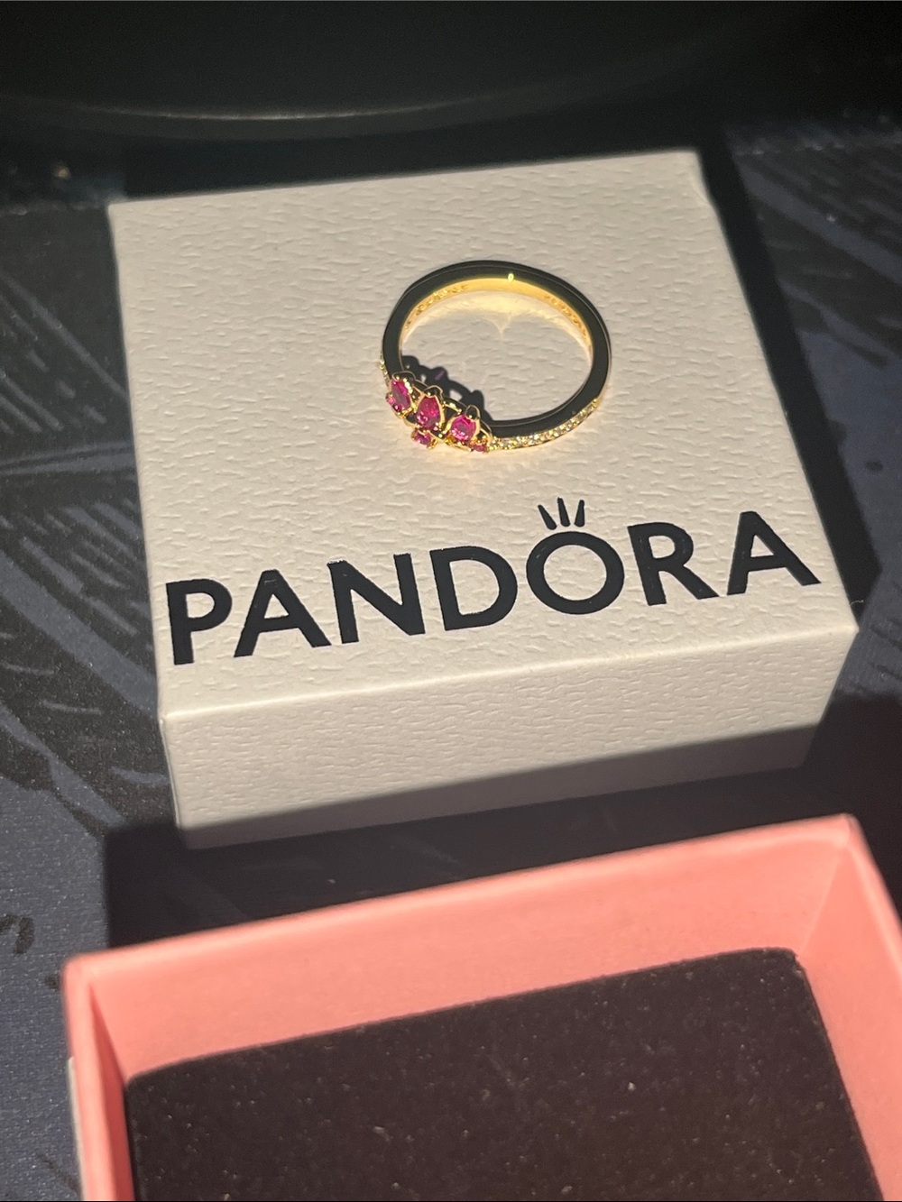 Pandora Gold Ring with Pink Stones Cluster Size 6